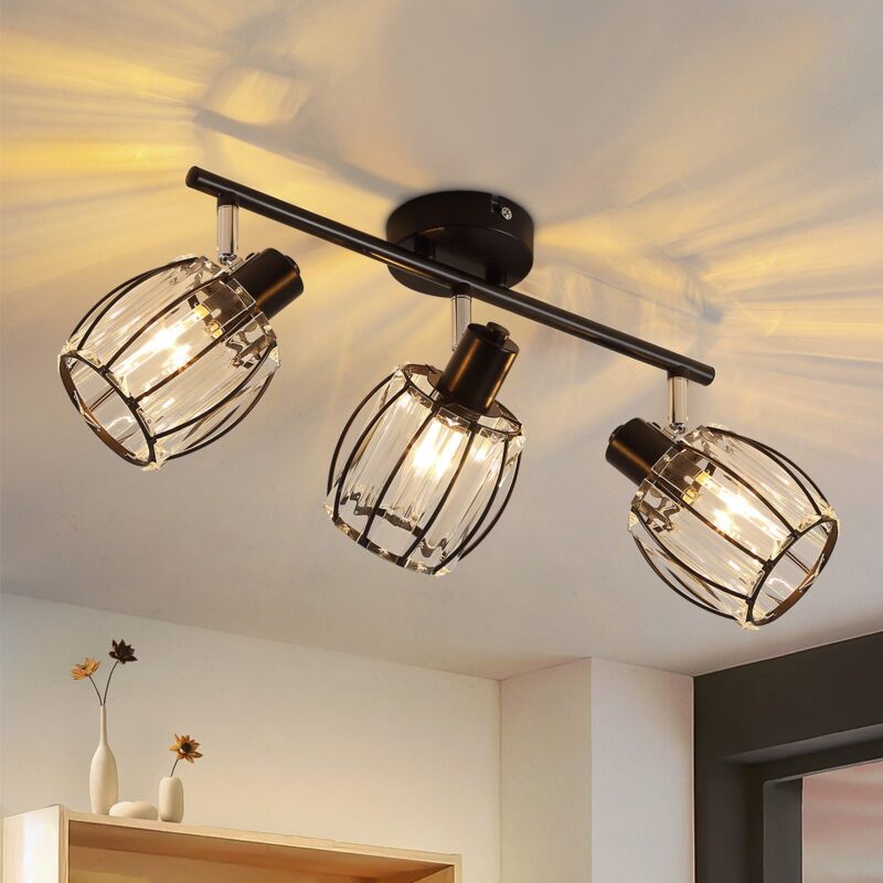 Plafonnier Vintage Spot 3 Flammes - Lampe de plafond avec abat-jour en cristal Retro Spot Industriel E14 Noir 350° Rotatif Lampe de couloir pour