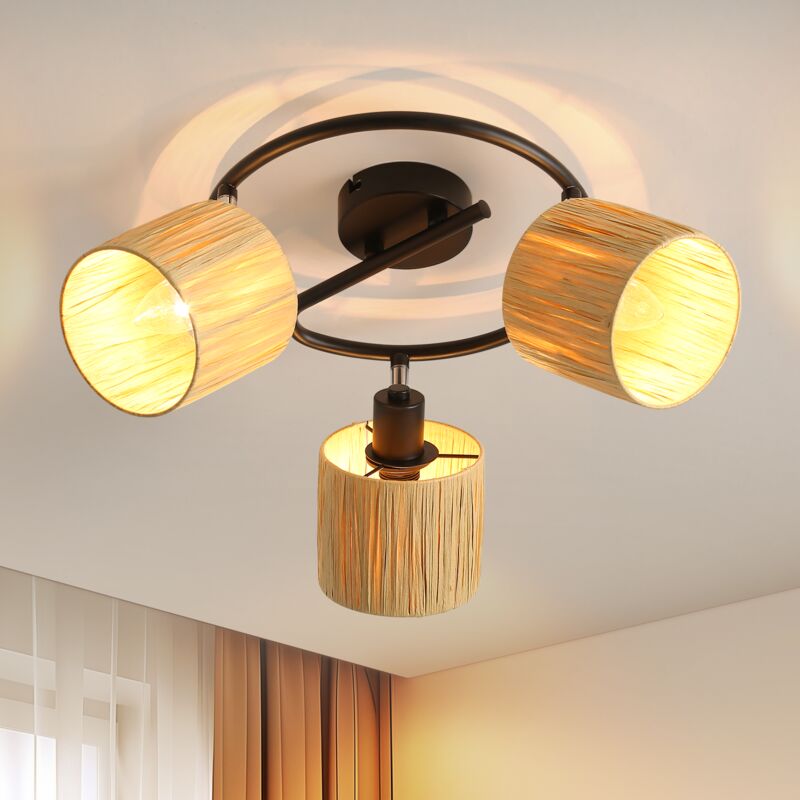Spots de plafond 3flammes Lampe de plafond couloir - Lampe de plafond vintage Projecteur intérieur rond E14 Noir naturel Spot de plafond papier