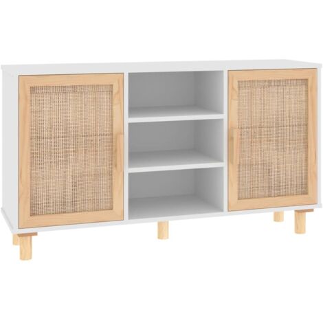GBLY Sideboard Weiß 105x30x60 cm Massivholz Kiefer und Natur-Rattan