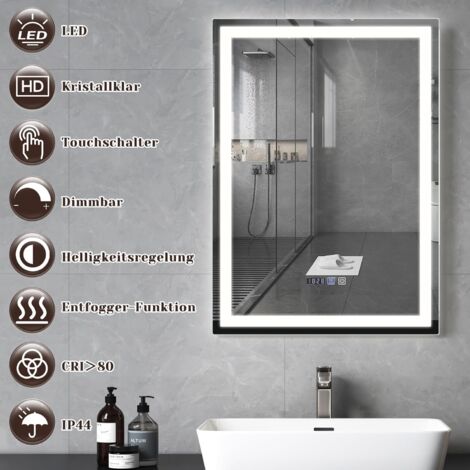 GBLY Spiegel Bad Badspiegel mit Beleuchtung - LED Badezimmerspiegel 50x70 cm Wandspiegel Badezimmer IP44 mit Touch-Schalter und Uhr Beschlagfrei Lichtspiegel Dimmbar 3000K-6500K
