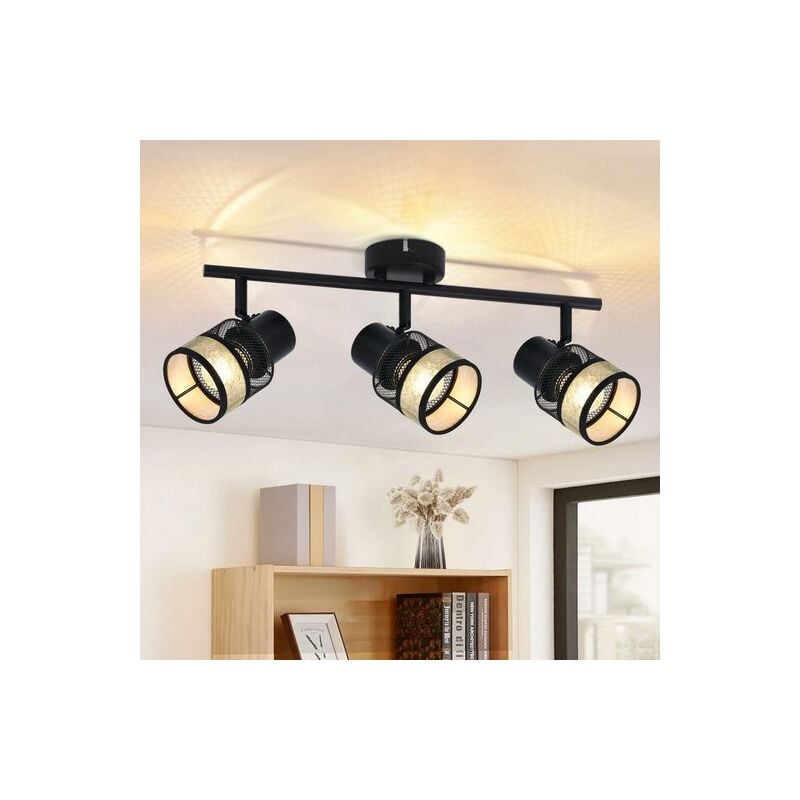 Spot de plafond 3 flammes noir Plafonnier - Plafonnier Métal Or Vintage E27 led Spot de plafond 330°Tournant Abat-jour Tissu pour salon chambre