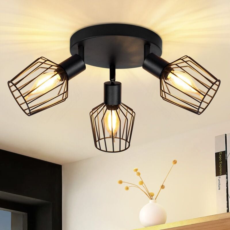 Gbly - Spot de plafond avec 3 spots E14 - en métal noir pivotant, rond, pour lampe de salon, couloir, cuisine, chambre à coucher.