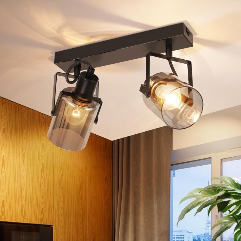 Gbly - Spot de Plafond Plafonnier Vintage Rétro - Plafonnier en Verre Gris Fumé à 2 spots Douille E14 Lampe de Couloir Industriel Éclairage de