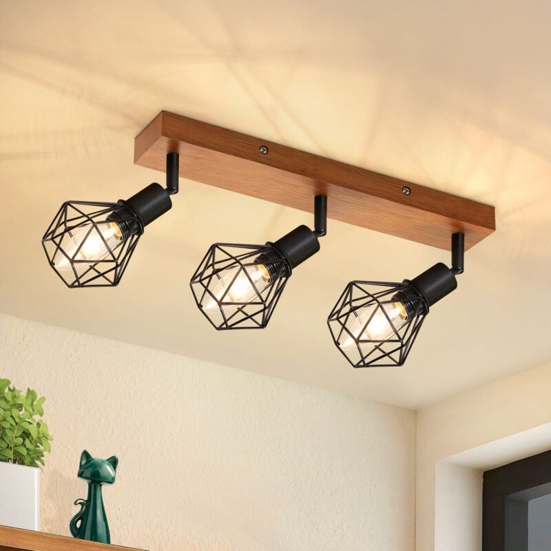 Gbly - Spot Plafonnier 35×9×17cm,350°orientable Base 3 douilles,E14 MAX.25W spot de plafond en bois et métal Pour salon chambre salle à manger Bar