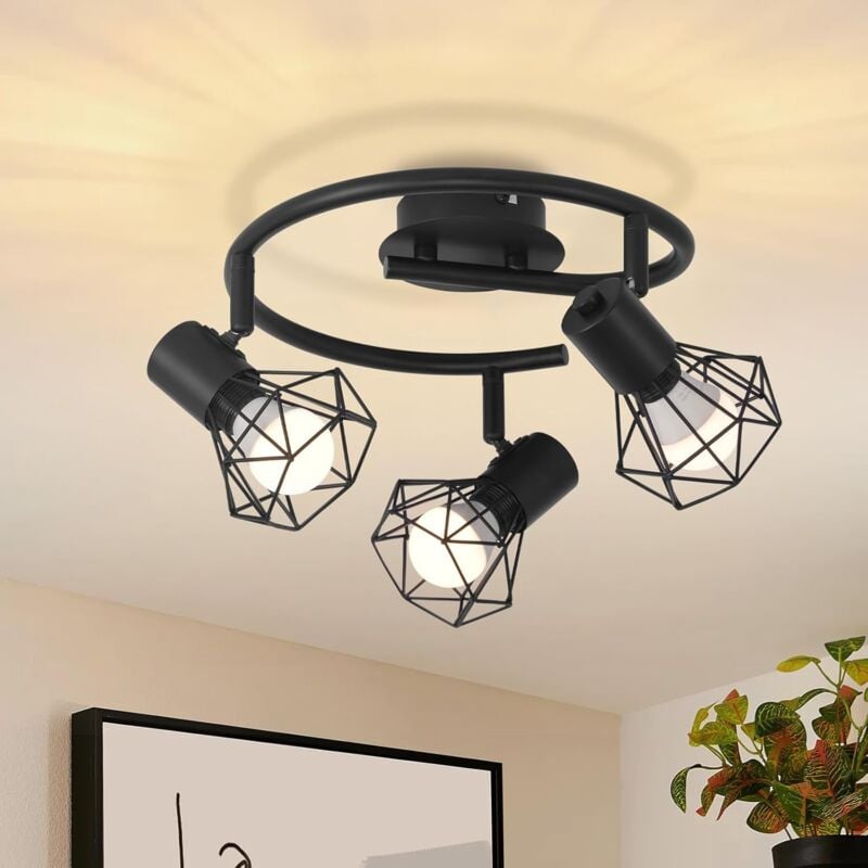 Gbly - Spots Plafonniers Ronds à 3 Lampes - Plafonnier E14 Noir Rétro Orientable Industriel Lampe de Cuisine en Métal pour Chambre Salon Bureau