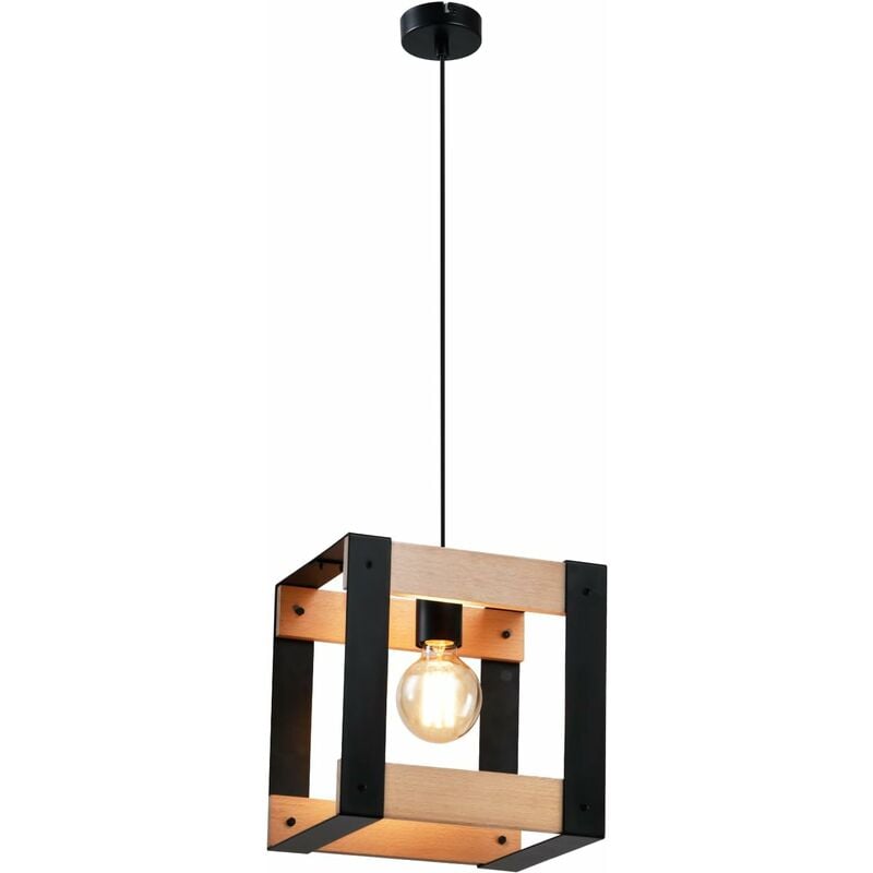 Suspension en bois pour table à manger - Lampe suspendue en métal noir industriel avec douille E27, lampe suspendue rétro, lustre suspendu pour salle
