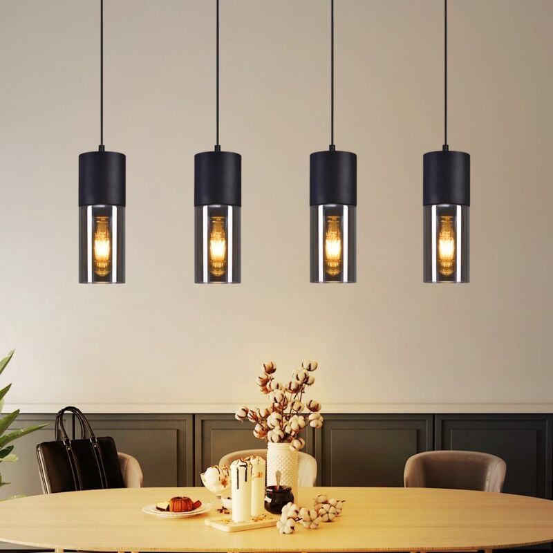 Suspension luminaire noire, lampe suspendue pour table à manger - suspension E27 cuisine verre noir métal suspension 4 flammes industrie moderne pour