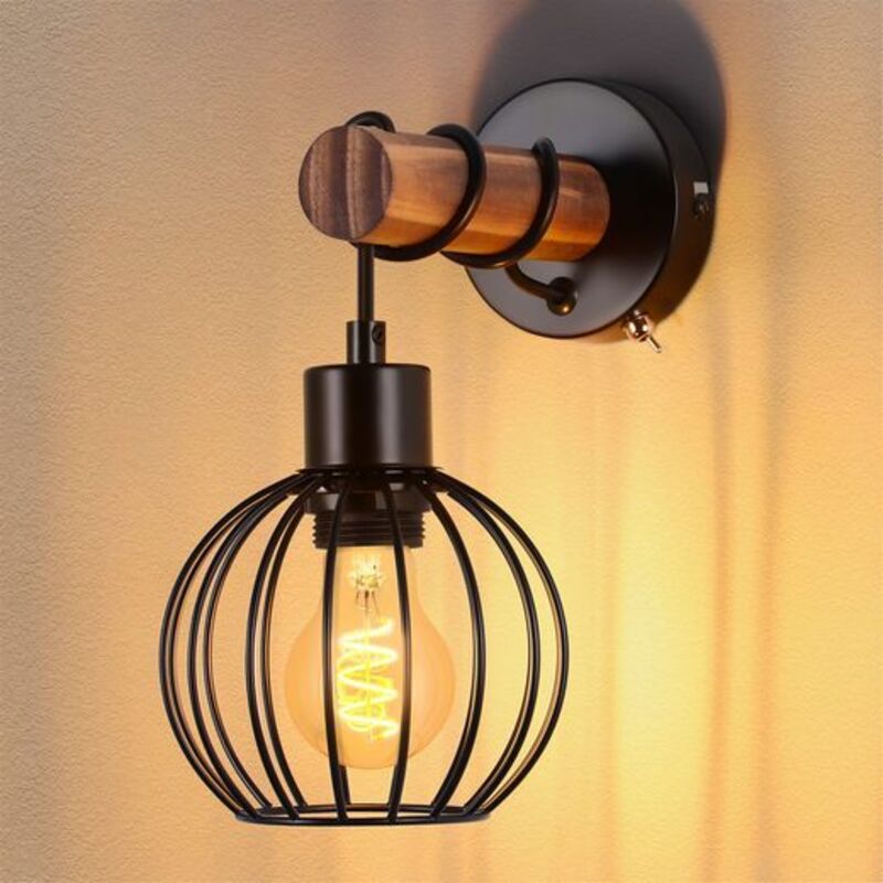 Wandleuchte Vintage Holz : Applique murale bois vintage, avec interrupteur. Éclairage noir design industriel, projecteur E27 métal – Lampe rétro