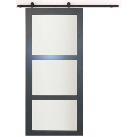 Gd Menuiseries – Porte coulissante vitrée 204 x 73 cm en MDF gris anthracite RAL 7016 – Vitrage dépoli 4 mm Securit – Rail à roulettes noir inclus - Ral7016