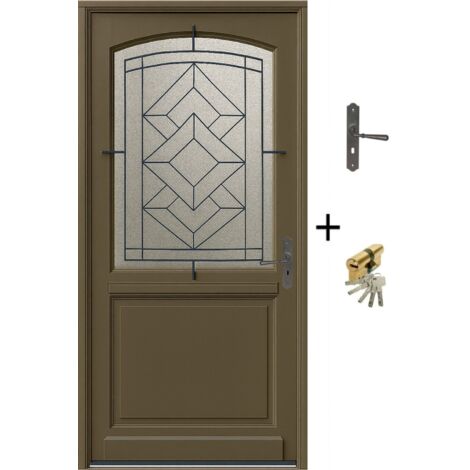 Gd Menuiseries – Porte d'entrée bois vitrée – Vert RAL7002 – Dimensions H.215 x l.90 cm – Ouverture à gauche – Poignée et barillet de sécurité - 010403Fp