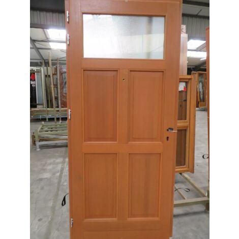 Gd Menuiseries – Porte d'entrée en bois vitrée Ferji – Hauteur 215 cm – Largeur 90 cm – Poussant droit – Traitement hydrofuge et anti-champignons