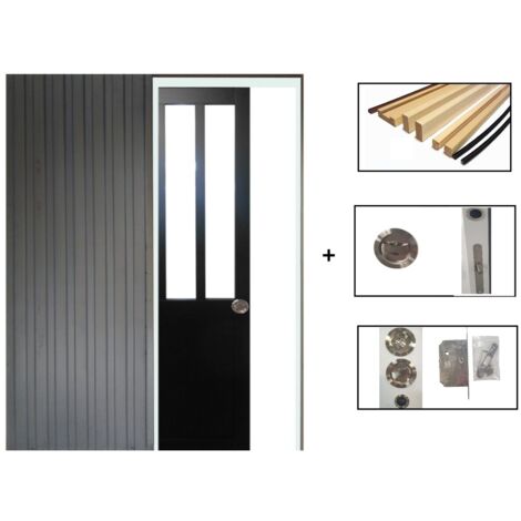 Gdmenuiseries – Porte coulissante Atelier Noir H204 x L83 – Aluminium – Système de galandage inclus – Pour séparation de pièces intérieure