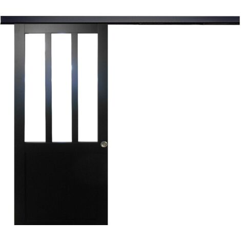 Gdmenuiseries – Porte coulissante en MDF noir 204 x 73 cm – Vitrage clair 4 mm – Rail aluminium noir recoupable 190 cm – Deux coquilles incluses