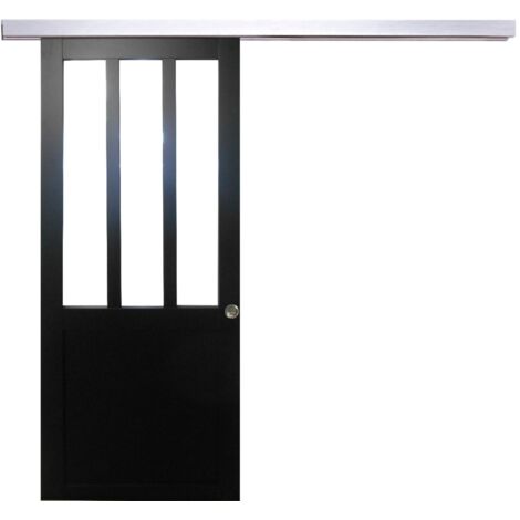 Gdmenuiseries – Porte coulissante en MDF noir 204 x 83 cm – Vitrage clair 4 mm – Rail alu 190 cm – Deux coquilles incluses – Fabriquée en France