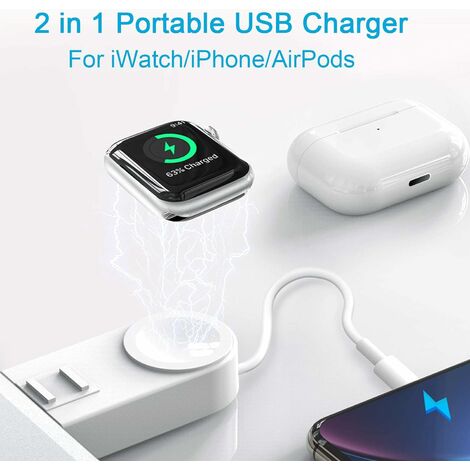 GDRHVFD Chargeur Compatible Pour Iphone, 2-En-1 Portable Sans Fil Usb De Montre Usb De Montre Compatible Apple Watch Series 6 / Se / 5/4/3 / 2/1 Et Iphone 12/11/11 Pro / Xs / Xs Max / X / Airpods.