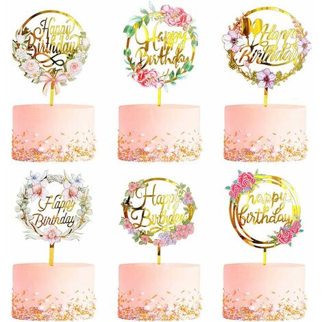 GDRHVFD Pièces Joyeux Anniversaire Décoration De Gâteau Or Fleur Acrylique Décoration De Gâteau Acrylique Cupcake Décoration Divers Anniversaire Fête Anniversaire Décoration De Gâteau