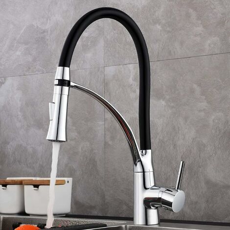 GDRHVFD Robinet Cuisine, Mitigeur Cuisine de Flexible Bec Pivotant à 360° et Tuyau en Silicone Noir,avec Douchette Extractible et Pulvérisateur Double Fonction, Froid & Chaud Disponible, Laiton Chrom