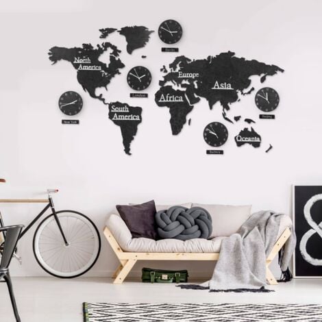 Géante carte du monde vintage XXL en bois avec 5x horloge murale 3D déco rétro zones horaires Boho mappemonde - noir