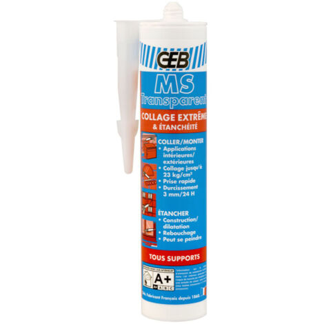 GEB – Colle mastic neutre MS-Polymère 280ml – Transparent – Pour collage et étanchéité béton, bois, métal – Résistance aux intempéries