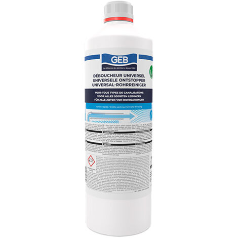 GEB – Déboucheur liquide sans odeur à base de soude 1L – Dissout graisses, matières organiques et cheveux – Bidon pratique avec poignée