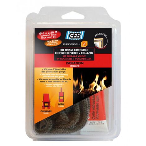 GEB – Kit de tresse ronde en fibre de verre 6 mm x 2,50 m – Colle réfractaire 20 ml – Température jusqu'à 500°C – Imputrescible - Rondekitde1tresseronde6mmx25mcollafeu20ml