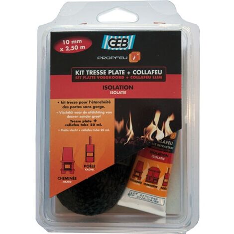 GEB – Kit d'étanchéité thermique pour cheminée et poêle – Tresse plate en fibre de verre 10mm – Colle réfractaire Collafeu 20ml – Résistance 550°C