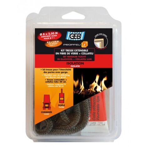 GEB – Kit tresse extensible fibre verre 8mm x 2,5m – Colle réfractaire 20ml – Étanchéité thermique jusqu'à 500°C – Résistance à l'abrasion - 8mmx2