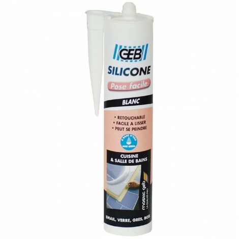 GEB – Mastic silicone à base aqueuse blanc 280 ml – Fongicide anti-moisissures – Adhère sur émail, verre, carrelage, marbre, béton