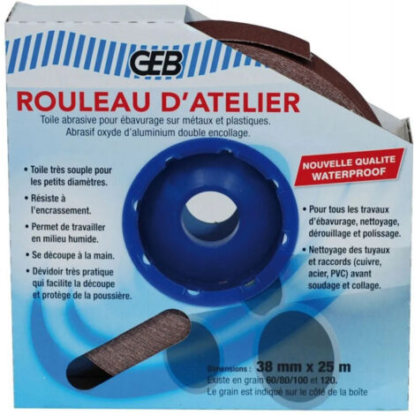 GEB – Rouleau abrasif grain 80 – Largeur 38mm – Qualité waterproof pour nettoyage tuyaux cuivre et PVC – 25m de toile souple