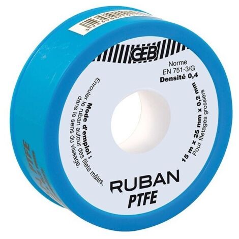 GEB – Ruban d'étanchéité PTFE 25 mm x 15 m x 0,2 mm – Résistant jusqu'à 15 bars – Pour canalisations d'eau potable – Norme EN 751-3