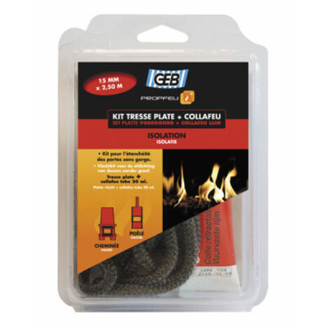GEB – Tresse plate en fibre de verre 10mm x 2,5m – Colle réfractaire COLLAFEU 20ml – Température max +500°C – Résistance à l'abrasion - L10mmx2