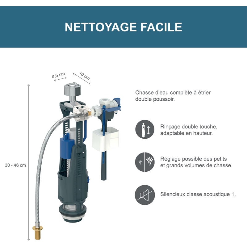 Chasse d'eau complète à étrier double poussoir - Rinçage double touche - Réglage des petits et grands volumes de chasse - Adaptable en hauteur