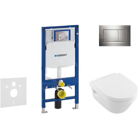 Geberit Duofix - Bâti-support pour WC suspendu avec plaque de déclenchement Sigma 30, chrome brillant/chrome mat + Villeroy
