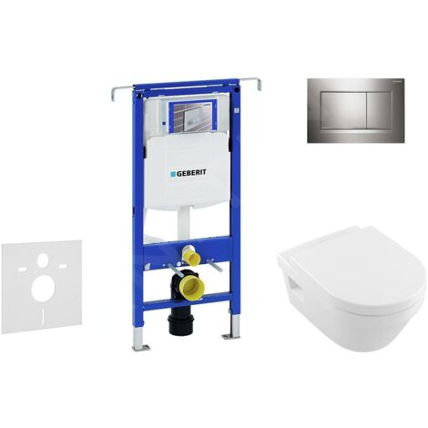 Geberit Duofix - Bâti-support pour WC suspendu avec plaque de déclenchement Sigma 30, chrome brillant/chrome mat + Villeroy