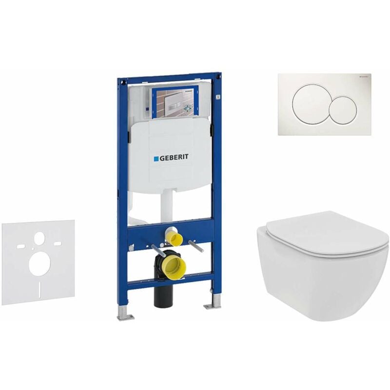 Geberit Duofix - Set de bâti-support, WC suspendu Rimless + abattant SoftClose Ideal Standard Tesi, plaque de déclenchement Sigma01 blanc alpin