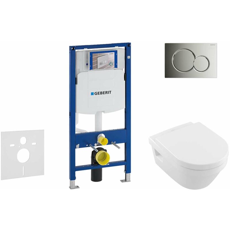Duofix - Bâti-support pour wc suspendu avec plaque de déclenchement Sigma 01, chrome brillant + Villeroy Boch – cuvette et abattant, DirectFlush,