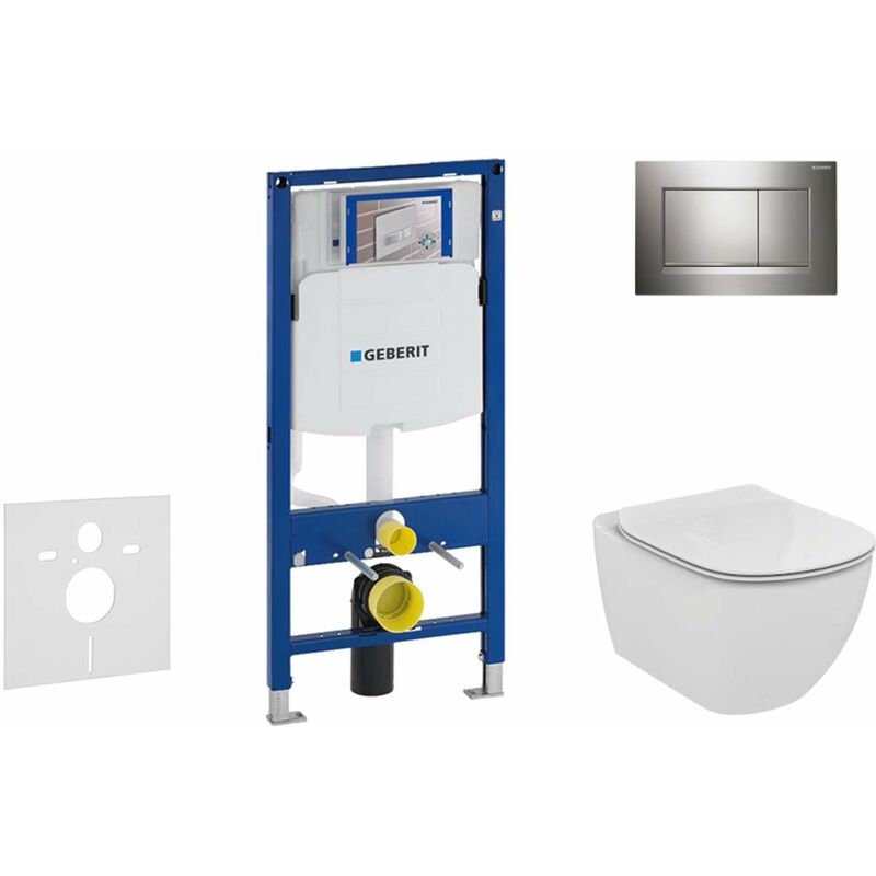 Duofix - Bâti-support pour wc suspendu avec plaque de déclenchement Sigma 30, chrome brillant/chrome mat + Ideal Standard Tesi – cuvette et abattant