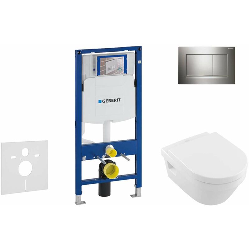 Geberit - Duofix - Bâti-support pour wc suspendu avec plaque de déclenchement Sigma 30, chrome brillant/chrome mat + Villeroy Boch – cuvette et