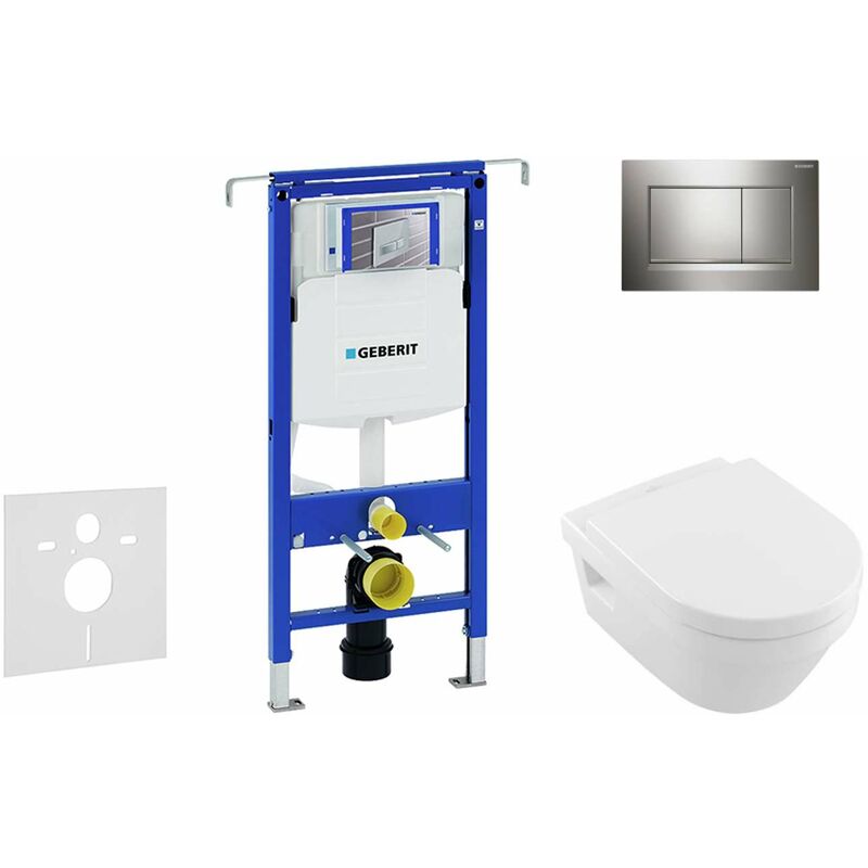 Duofix - Bâti-support pour wc suspendu avec plaque de déclenchement Sigma 30, chrome brillant/chrome mat + Villeroy Boch – cuvette et abattant,