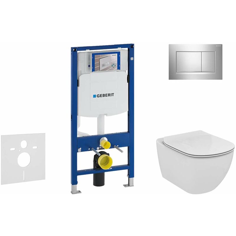Duofix - Bâti-support pour wc suspendu avec plaque de déclenchement Sigma30, chrome poli/chrome mat + Ideal Standard Tesi - cuvette et abattant,