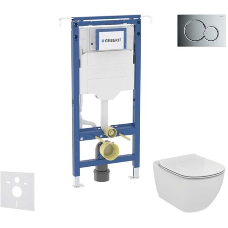 Geberit Duofix - Set bâti-support, cuvette et abattant Ideal Standard Tesi, plaque de déclenchement Sigma01, Aquablade, SoftClose, chrome brillant SANI11CD3134