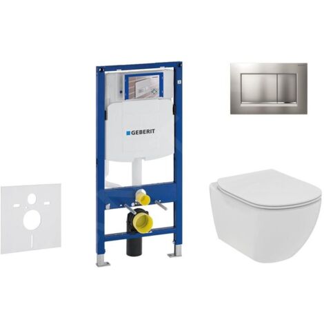 Geberit Duofix - Set de bâti-support, WC suspendu Rimless + abattant SoftClose Ideal Standard Tesi, plaque de déclenchement Sigma30 chrome mat/chrome 111.300.00.5 NE7