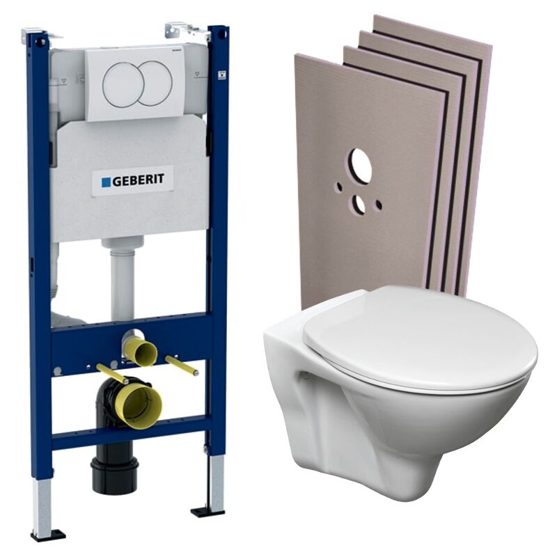 Geberit - Duofix support frame + Cersanit S-line Pro toilet + seat + white plate + Wall cladding set (S-LineProGeb3-sabo)