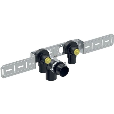Geberit FlowFit Anschlusswinkel 90 Grad vormontiert, zweifach, abgesetzt, Ablaufrohrschelle d 20mm, Rp 1/2″, L1 5,2cm, AD 15,3cm