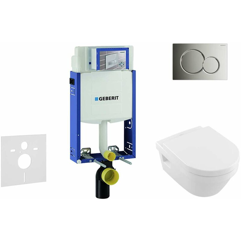 Kombifix - Bâti-support pour wc suspendu avec plaque de déclenchement Sigma01, chrome brillant + Villeroy Boch – cuvette et abattant, DirectFlush,