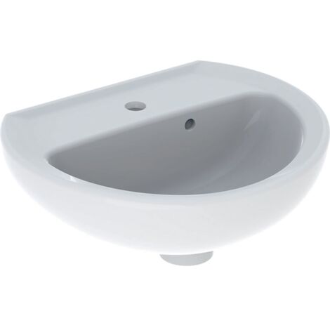 Geberit – Lave-mains demi-rond 40 x 33 cm avec trop-plein asymétrique – Céramique blanche – Trou de robinetterie central – Pour espaces réduits