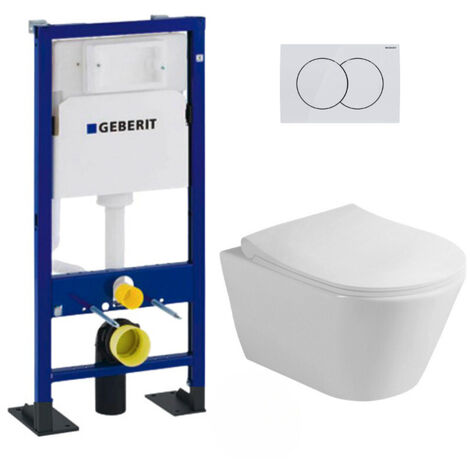 Geberit Pack Autoportant Bâti-support Duofix + WC sans bride Lucco Avva + Abattant softclose + Plaque blanche