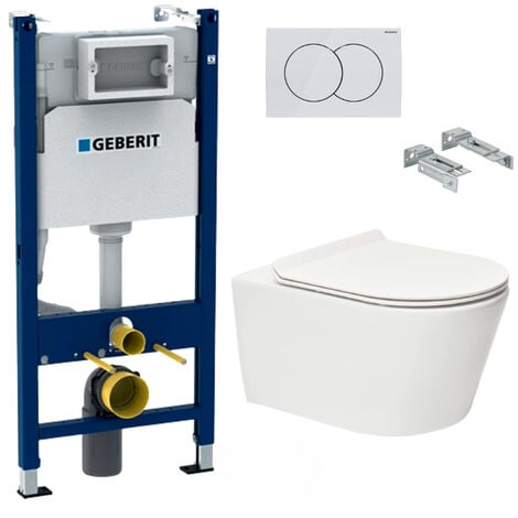 Geberit Pack Bâti-support 112cm + WC sans bride SAT Brevis + Abattant ultra-fin, softclose + Plaque blanche (BrevisGeb3)