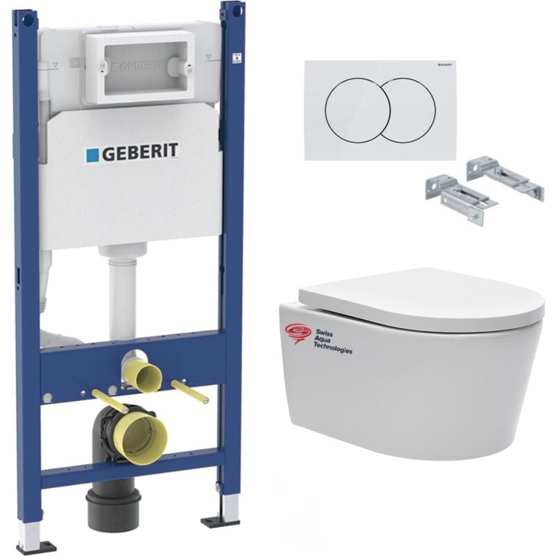 Geberit - Pack Bati-support 112cm + wc sans bride Swiss Aqua Technologies + Plaque blanche + Set d'isolation (SATrimlessGeb3SET)