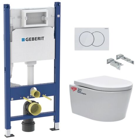 Geberit – Pack bâti-support 112cm – WC suspendu sans bride – Cuvette céramique Swiss Aqua Technologies – Abattant softclose – SATRIMLESSGEB3RT